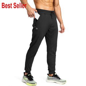 Men's Athletic Joggers with Zipper Pockets Stretchy Tapered Fit Workout Pants